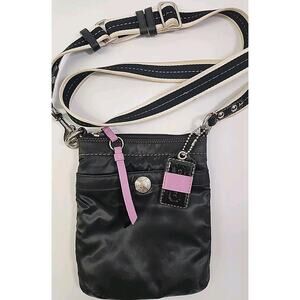 Coach Swingpack Crossbody Bag Black Satin W/ Stripe Fabric Strap Purple Charm